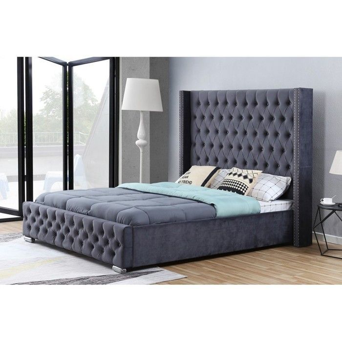 Lit Design Grande Tête De Lit Lia - Velours Gris - 140x190