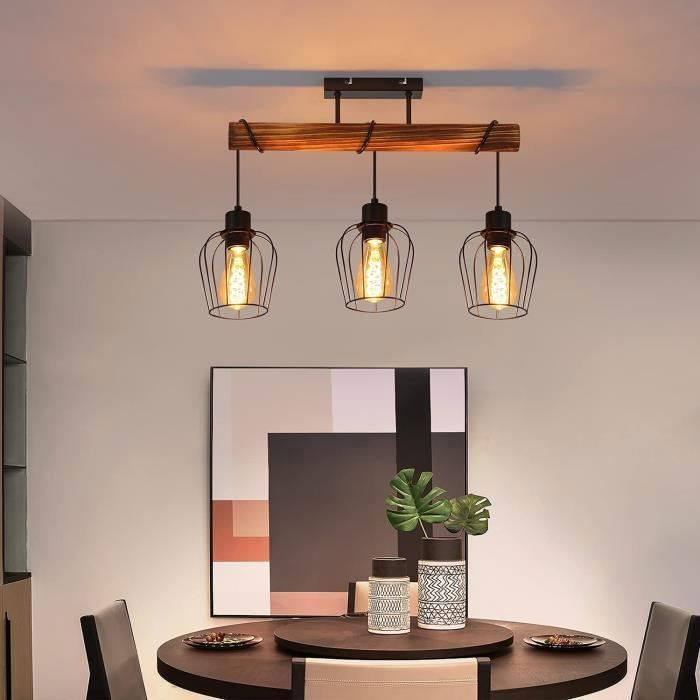 Lámpara de techo Homefire 3x E27 Vintage de madera - Metal y madera - Altura regulable - 52*13*43cm - Negra