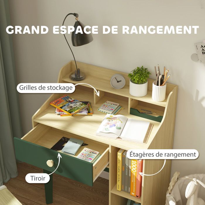 Conjunto de escritorio y silla infantil AIYAPLAY - Estantes y cajón - Muebles para niños de 3 a 10 años - Verde