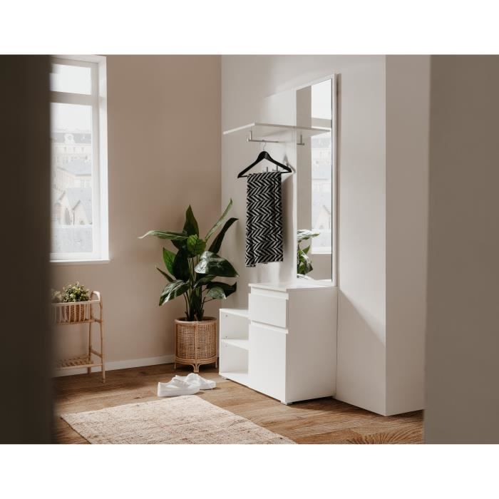 Meuble d'entrée de rangement avec penderie IMAGE - Décor blanc - 1 porte + 1 tiroir - L85 x H195 x P37 cm
