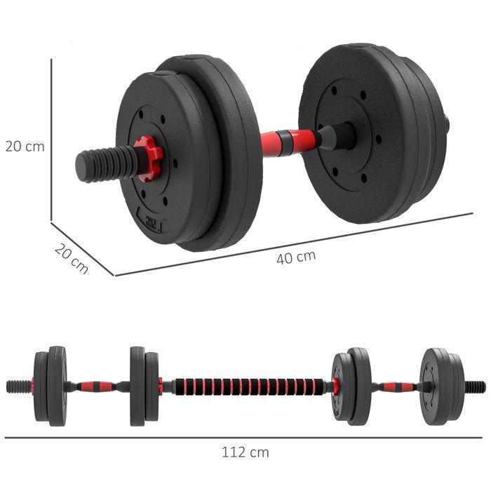 Juego de mancuernas ajustables 2 en 1 HOMCOM de 15 kg en total - Barras incluidas - Entrenamiento muscular y levantamiento de pesas