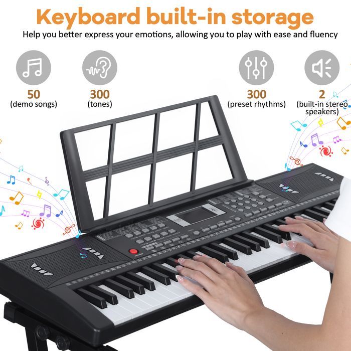 Piano digital portátil de 61 teclas, kit completo con soporte, asiento, auriculares y micrófono, multifuncional para niños y adultos.