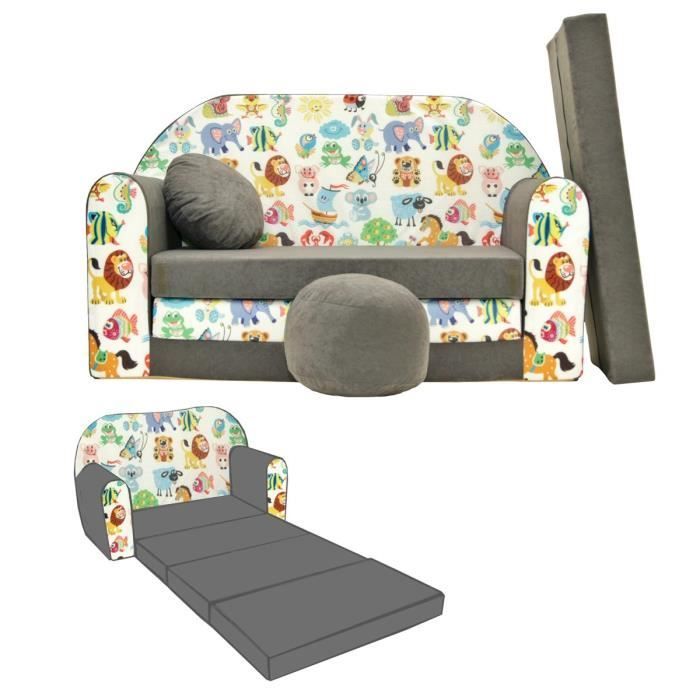 NINO Canapé convertible lit pour enfant avec pouf et coussin OEKO-TEX Animaux gris