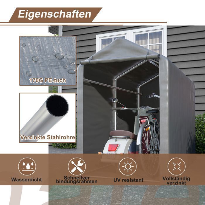 Garageoverkapping voor fietsen 187x100x160 cm, opbergtent voor tuinhuisje of garage, donkergrijs
