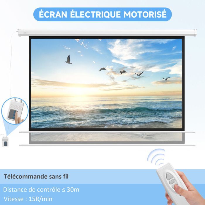 Pantalla de proyección HOMCOM de 120 pulgadas, formato 16:9, resolución 4K HD, motorizada, para montaje en pared/techo, de acero, color blanco.