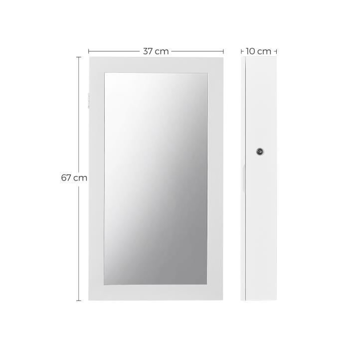 Armoire à Bijoux Murale, Verrouillable, avec Miroir, Surface en Blanc et Doublure en Noir