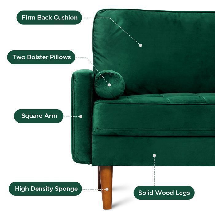 Canapé 3 Places en Velours Confortable,Canapé Scandinave avec 2 coussins pour salon,Fauteuil Moderne 78×176×85cm,Vert