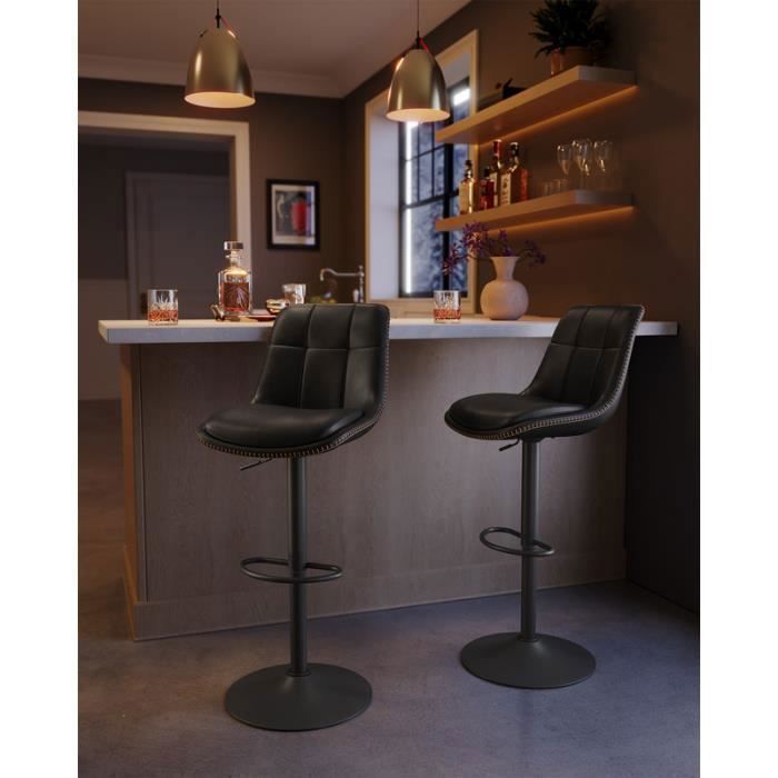 Taburetes de bar VASAGLE, juego de 4, asiento giratorio regulable en altura, tapizados en piel sintética, con respaldo, para encimera, de acero, color negro tinta.
