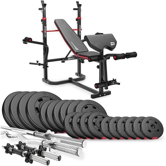 Hop-Sport HS-1065 opklapbare halterbank met halterset van 105 kg, curlpad, butterfly-apparaat en leg press.
