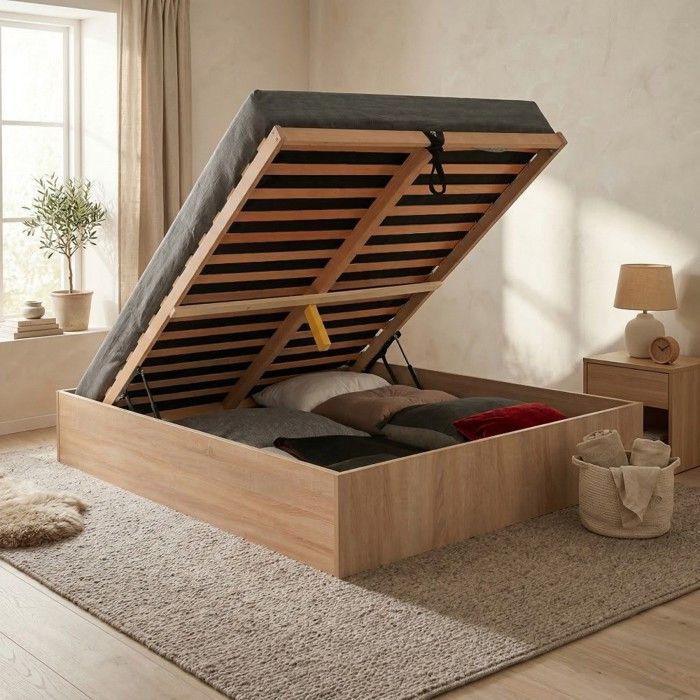 Cama con almacenamiento BILBAO de 140x190 cm + somier de láminas / Acabado en roble blanqueado