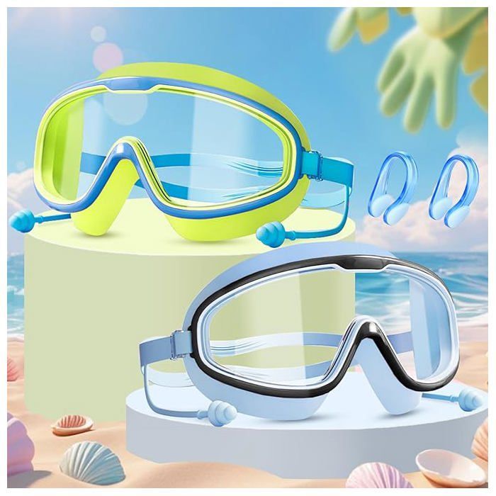 2 gafas de natación infantiles (de 3 a 12 años), antivaho, con protección UV, con protector nasal y tapones para los oídos.