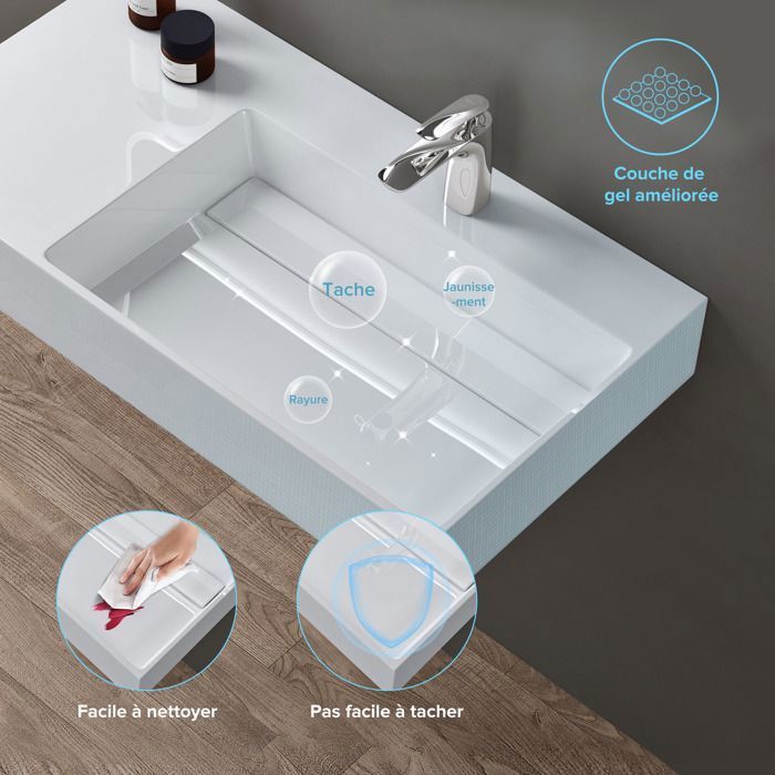 Lavabo mural blanco doporro de 75 cm, lavabo de encimera con desagüe, lavabo rectangular de 75 x 43 x 14 cm Colossum12-R