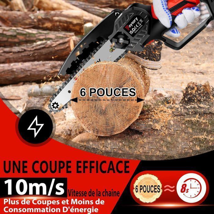 Tronçonneuse Électrique Sans Fil 6 Pouces, Mini Tronçonneuse à Batterie Feytory, Tronçonneuse à Une Main avec Batterie, Chaîne