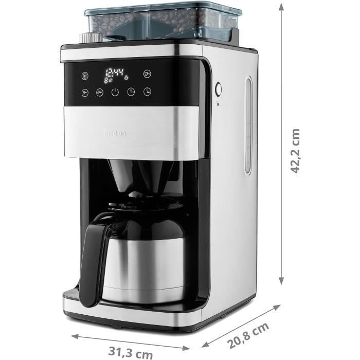 MEDION Macchina da caffè digitale con filtro isolato e macinacaffè integrato - 1000W - 1.0L - Argento