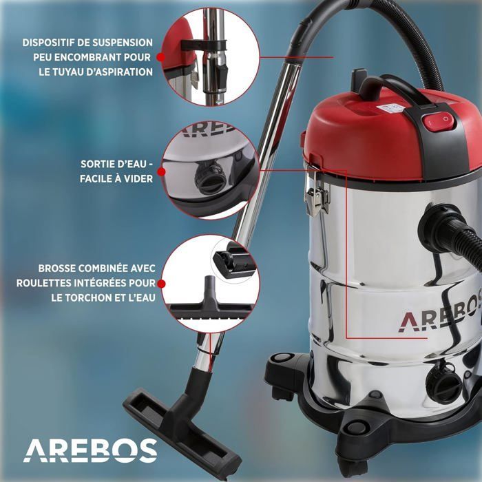 AREBOS Aspirateur Industriel | Aspirateur Sec et Humide avec Filtre | 1800W | 30L | Acier Inoxydable | Rouge