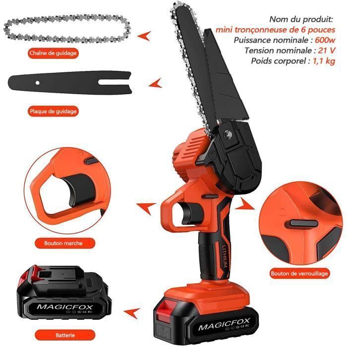 Magicfox Tronçonneuse électrique Sans fil Rechargeable 4.0Ah, avec 2 Chaînes 6 pouces et 2 Batteries pour couper Branches et Bois