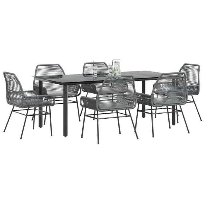 Conjunto de comedor de jardín en poliratán - vidaXL - 7 piezas - Gris - Mesa 200x100x74 cm - Sillas 57x60x86 cm