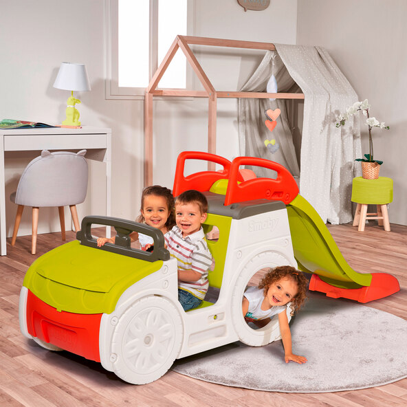 Adventure toy car, including sandbox and slide