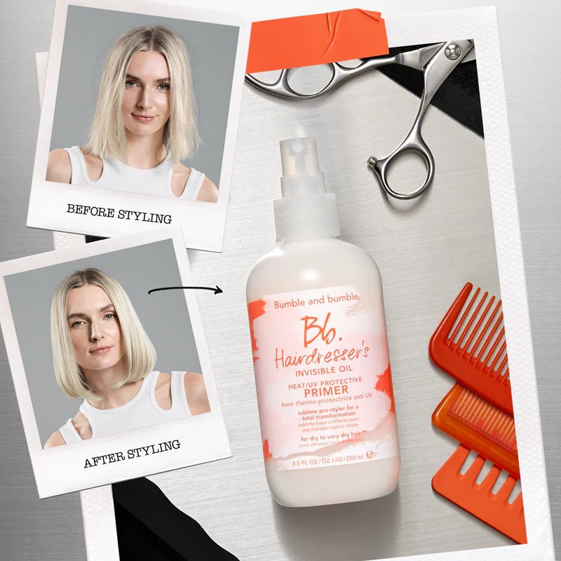 Bumble and bumble Hairdresser's Invisible Oil Heat/UV Protective Grunts sprejs pirms matu veidošanas, lai iegūtu nevainojamu matu izskatu.