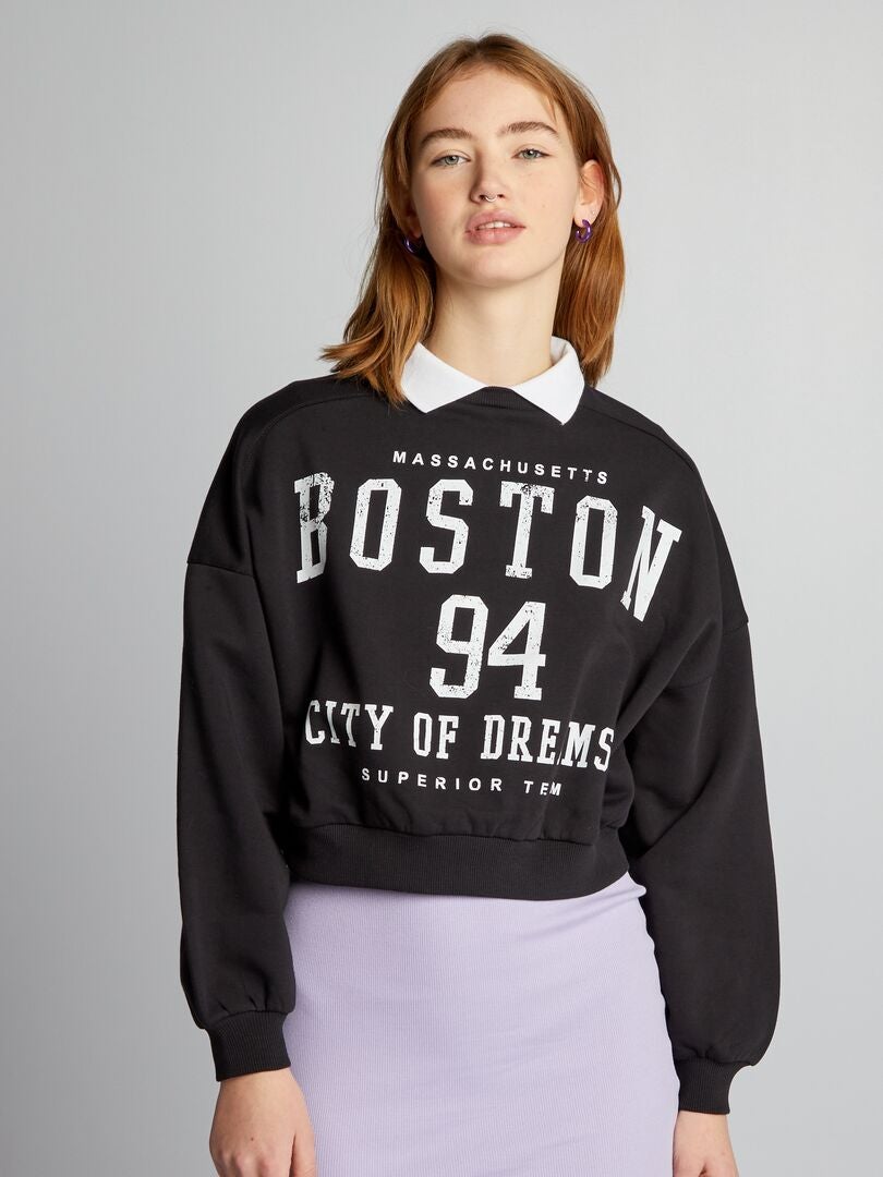 Blusa de moletom cropped com gola de camisa - PRETA