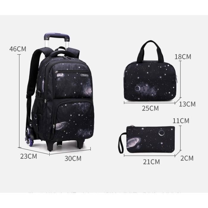 Boys' Rolling Schoolbag, Backpack for Students Ages 8-14 (CE2-CM1-6E), Black and Blue Starry Sky Style - 4 Pieces