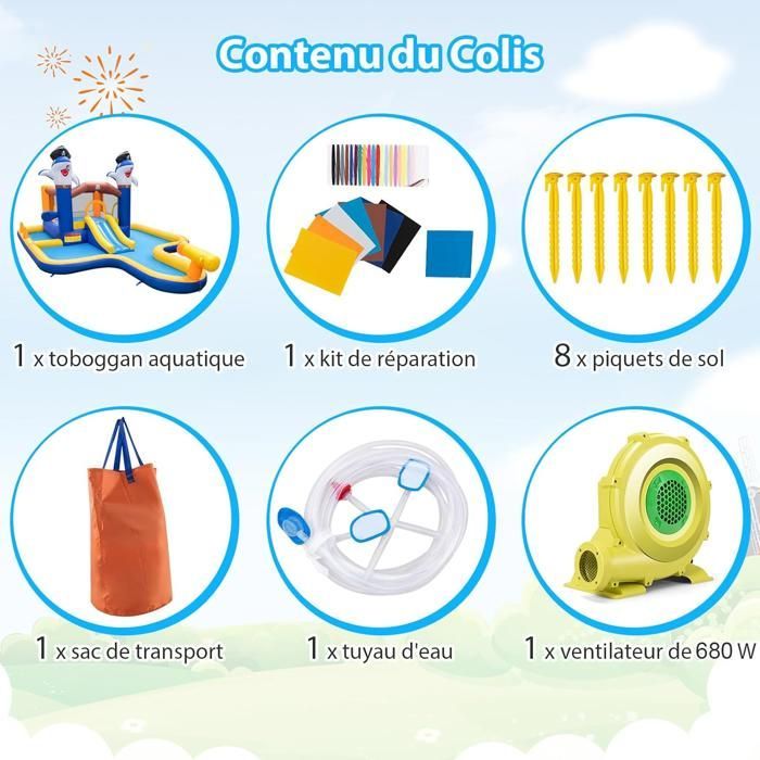 Château Gonflable 7 en 1 Enfants DREAMADE avec Souffleur 680W, Toboggan, Trampoline, Piscine Jeu de Boxe, Canon à Eau, 3 - 10 Ans