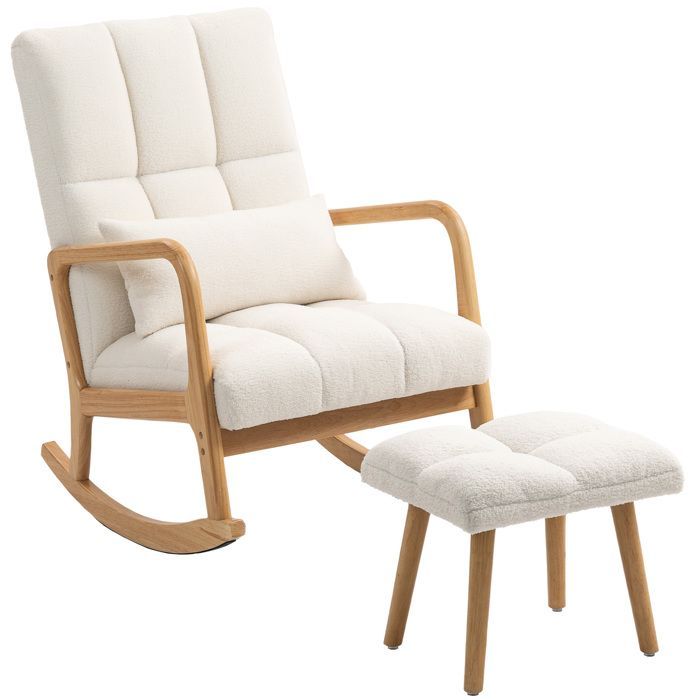 Fauteuil à bascule avec repose-pieds - HOMCOM - tissu bouclette - pieds en bois - 64,5 x 82 x 89 cm - blanc