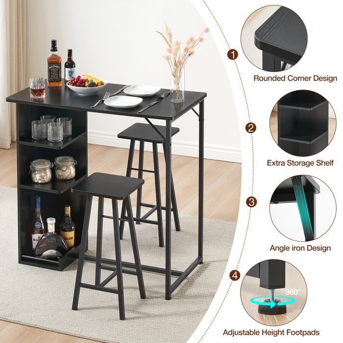 Juego de mesa de bar y 2 sillas - Juego de 1 mesa + 2 taburetes altos de bar - Sillas altas para mesa de bar de cocina, color negro