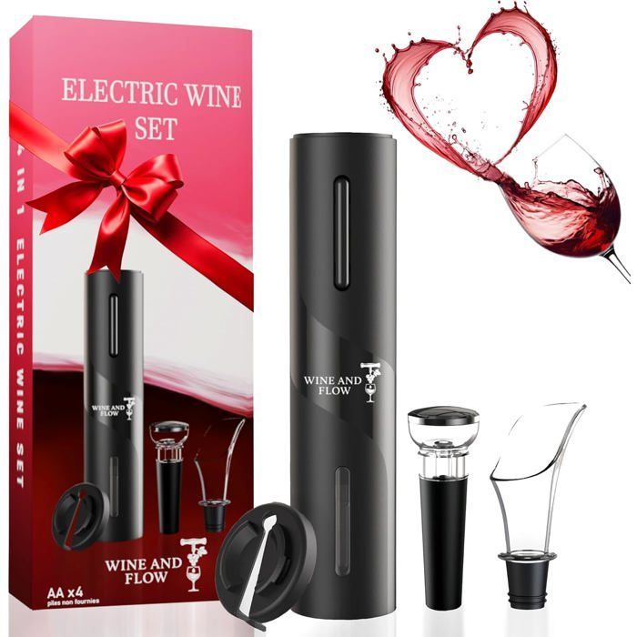 Tire bouchon electrique à piles 4 en 1 Wine and Flow – Idee cadeau homme amateur de vin – Coffret cadeau Ouvre Bouteille Electrique