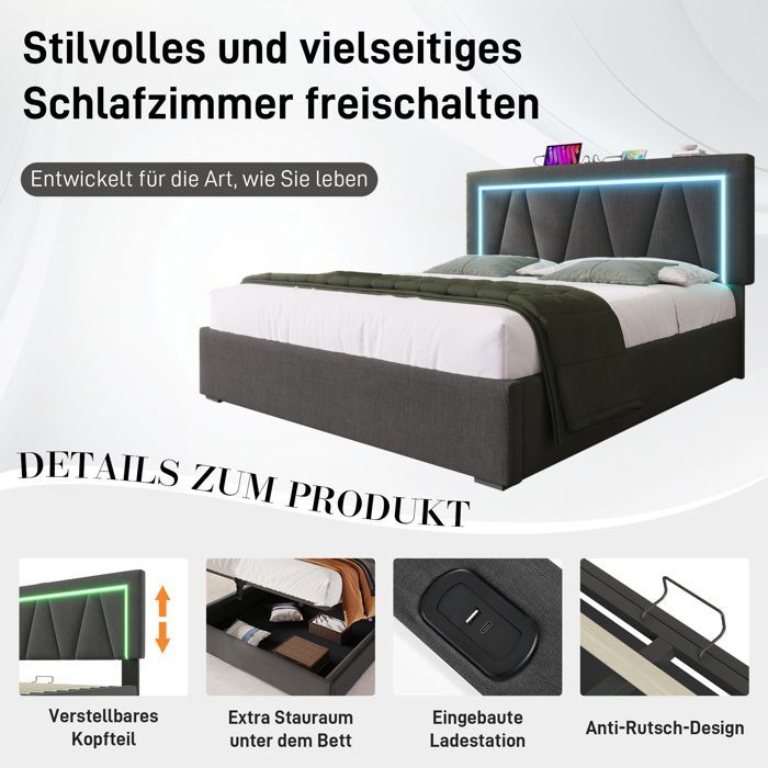 LINKHOO lit  rembourré Lit double LED avec USB Type-C, cadre de lit en lin, 160x200 avec sommier à lattes (sans matelas), gris
