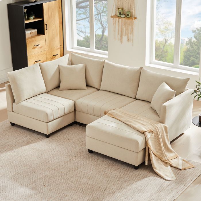 Canapé d'angle moderne, canapé cinq places avec pouf convertible, design modulable, coton et lin,convient aux salons et appartements