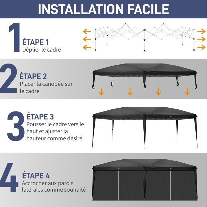 Cenador de jardín, cenador plegable de 3x6 m con 6 paneles laterales, carpa plegable para fiestas, color negro.