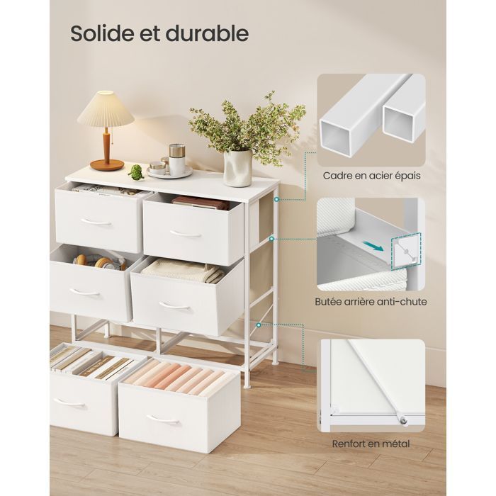 Cómoda SONGMICS de 6 cajones, mueble de almacenamiento para dormitorio, acero, panel de MDF, tela no tejida, blanco nube y blanco nieve.