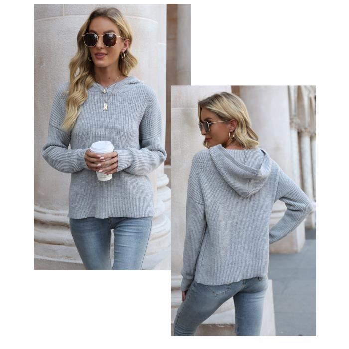 Pull Femme INSFITY - Tricoté - Couleur Unie Gris - Col Capuche - Automne/Hiver