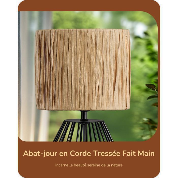 EDISHINE Lampe à Poser, E14 ampoule LED 2700K Fournie, Abat-jour en Papier Raphia, Base Cage en Fer