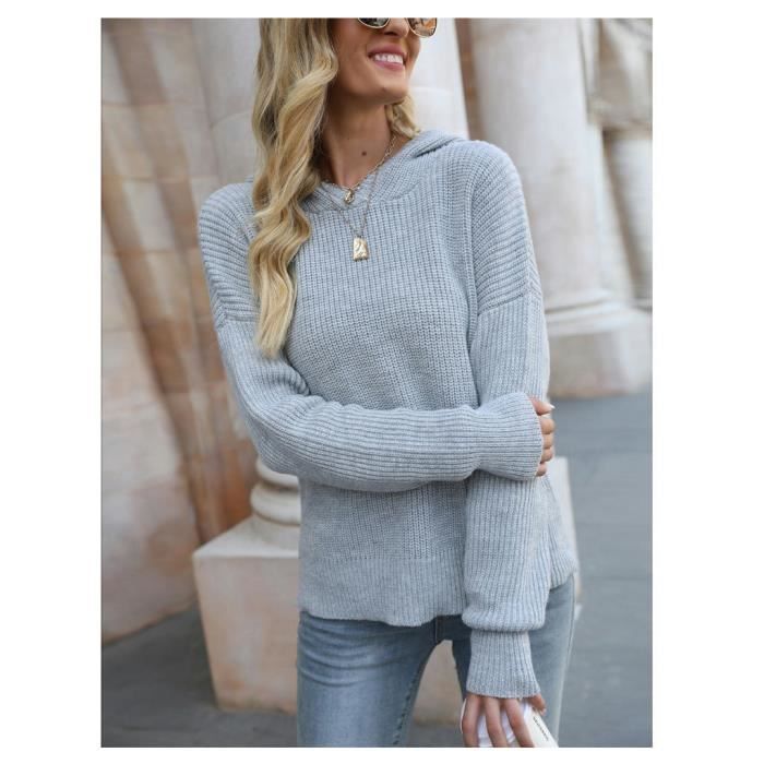 Pull Femme INSFITY - Tricoté - Couleur Unie Gris - Col Capuche - Automne/Hiver