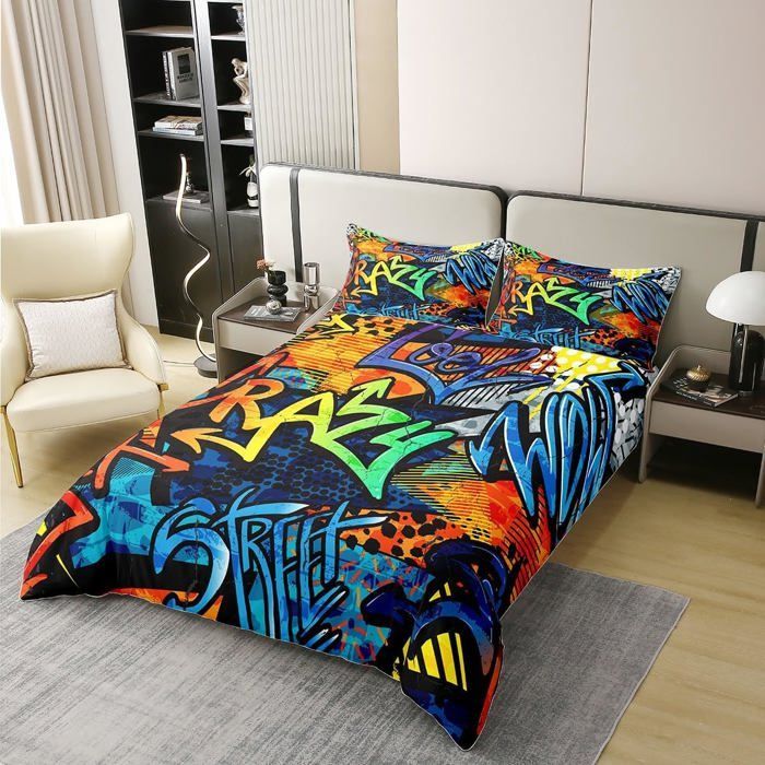 Funda nórdica estilo graffiti de 140x200cm, decoración hip hop para adolescentes, juego de ropa de cama infantil para niño y niña, estampado graffiti, 3 piezas.