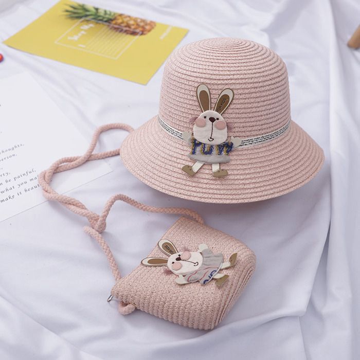 Conjunto de sombrero para niñas FUNMOON: Sombrero de paja + Bolso bonito para viajes al aire libre, playa y chanclas Panamá con girasoles - 336061