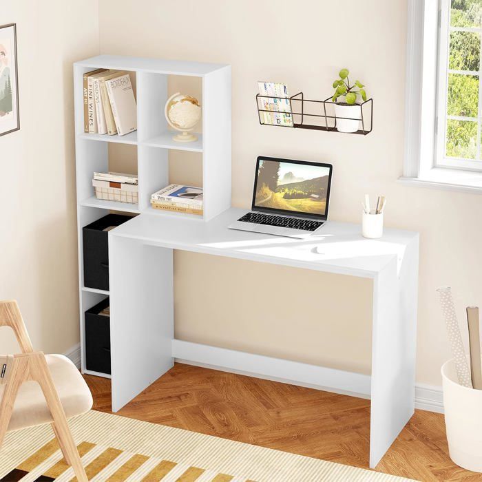 WOLTU Desk with Cube Shelves and Fabric Drawers, Table with Storage, 140.5x50x134 cm, White W0ETT0180