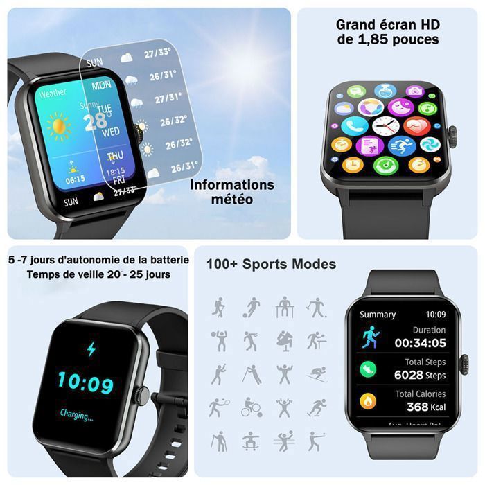 Montre Connectée Homme Femme Fitness, Écran 1.85
