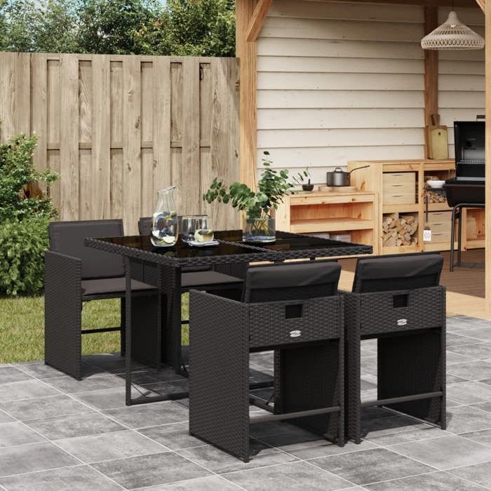 Conjunto de muebles de jardín - Juego de comedor de jardín de 5 piezas con cojines, resina de mimbre negro - Mesa + 4 sillas de jardín (968113)DLEB