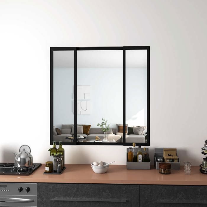 Verrière Atelier Coulissante en Alu Noir -  L123xH108cm- 4 Panneaux en 4mm Verre Trempé-  Séparation Élégante Cuisine / Salon