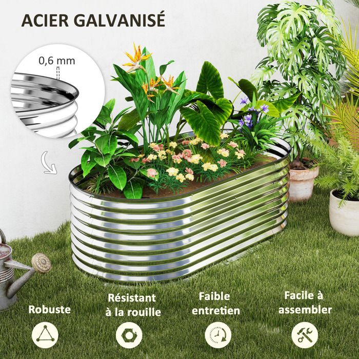 Carré potager de jardin - Outsunny - résistant à la rouille - en acier galvanisé - 160 x 80 x 56 cm - argent