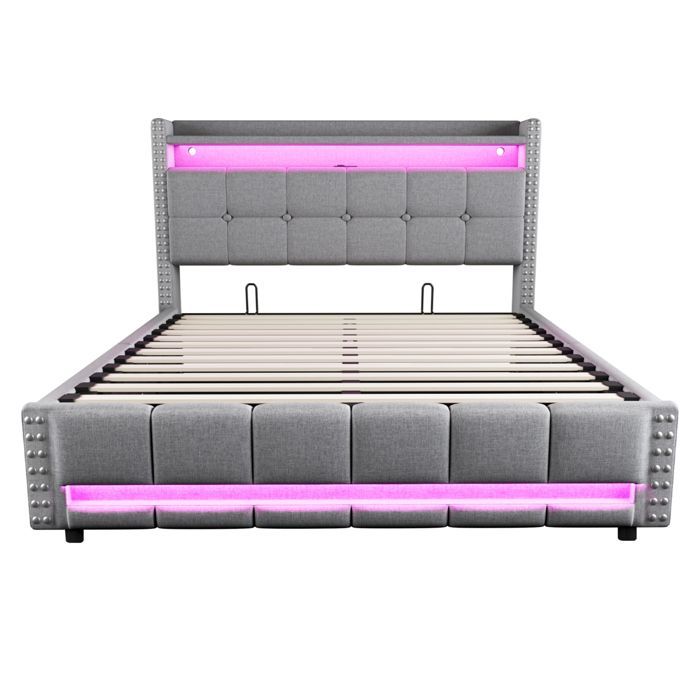 Cama con almacenamiento de 160 x 200 cm, cama de 160 x 200 cm con somier de láminas, cama doble tapizada, cama para 2 personas con somier de láminas de madera, ropa de cama gris claro