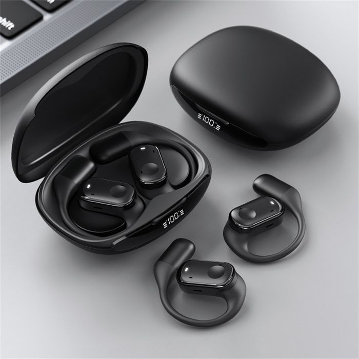 Wireless earphones, WOVTE, OWS, Bluetooth earphones, waterproof, dual ENC microphones, with digital display, black.