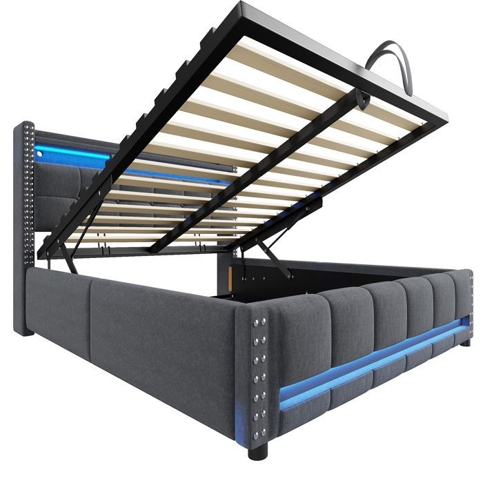 Cama tapizada, cama de adulto, cama doble de 160 x 200 cm con iluminación LED y puertos USB con almacenamiento hidráulico - gris