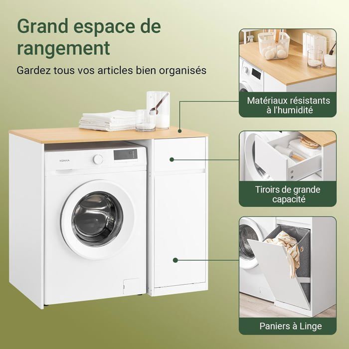 SoBuy Meuble Machine à Laver avec Tiroir Panier à Linge et Espace de Rangement pour Salle de Bain Buanderie 100x60x90cm Blanc