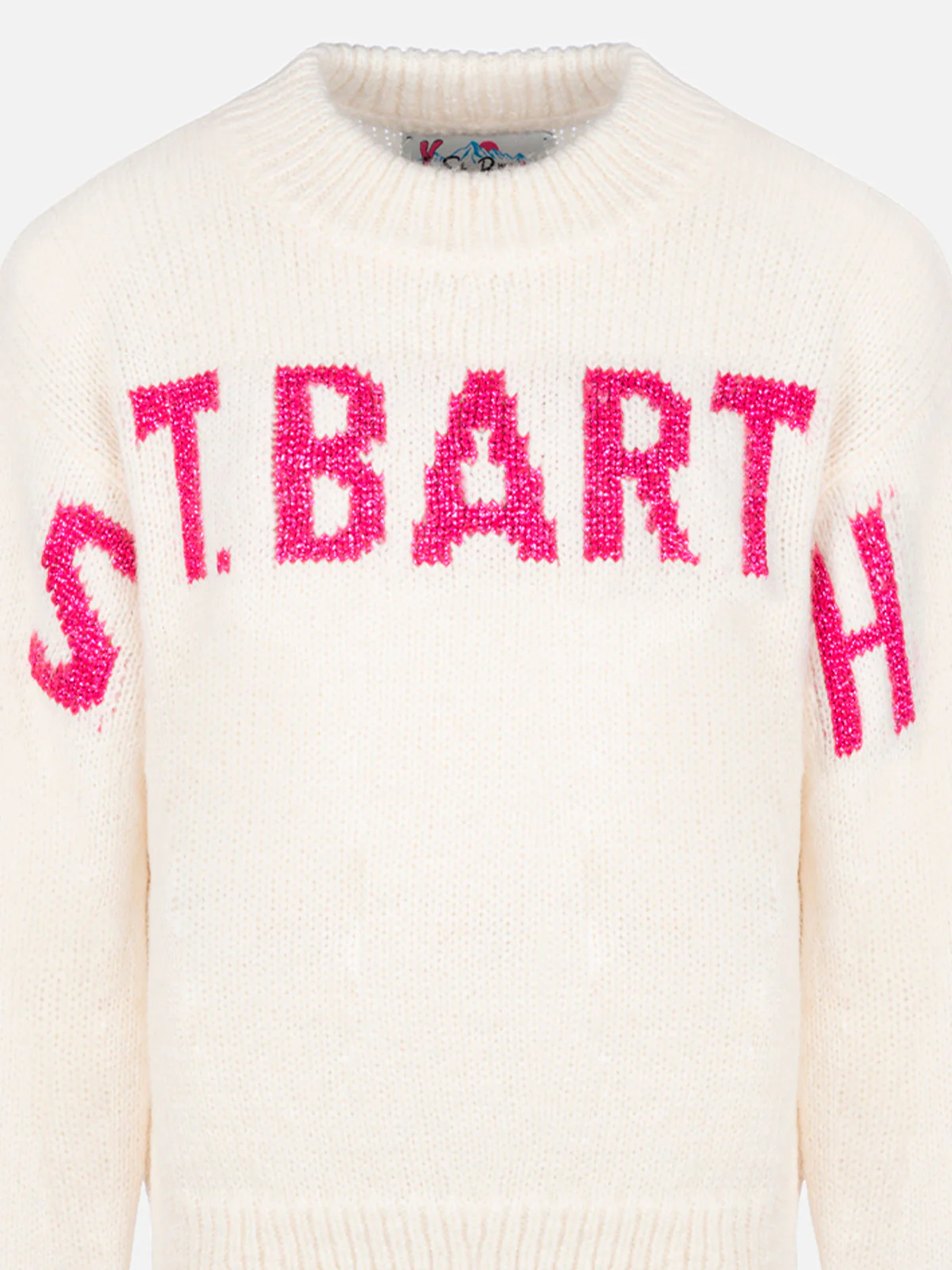 Roze Danya trui met ronde hals voor meisjes met Saint Barth-logo in lurex.