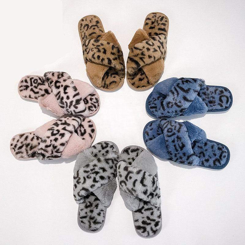 Scarpe da donna autunno, nuove pantofole da donna con punta aperta, leopardate incrociate, pantofole da interno alla moda, pantofole calde antiscivolo in pelliccia da donna
