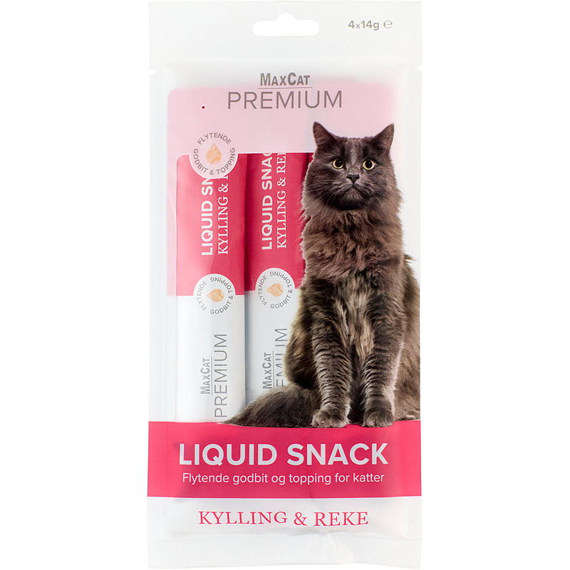 MaxCat Snack per gatti 4x14 g Pollo e gamberetti Liquido MaxCat